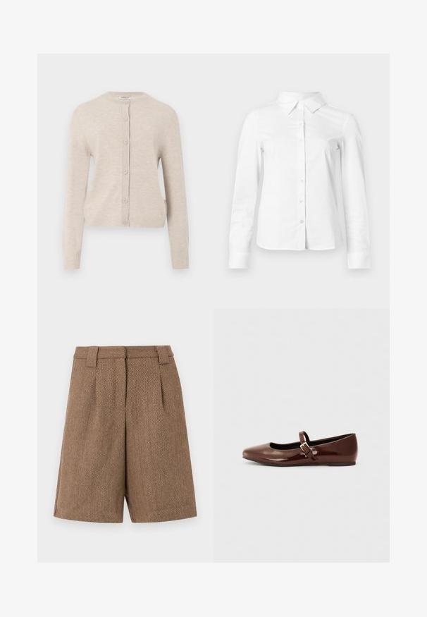 ONLY ONLCAMILLE BASIC CARDIGAN - Gilet - pumice stone; Chemise blanche à manches longues avec boutons, col pointu, ourlet droit et silhouette ajustée, présentée sur un fond clair uni.; Shorts ajustés en motif chevrons brun avec passants de ceinture et plis avant, présentés sur un fond blanc uni.; Ballerine en cuir verni marron avec un bout carré et une lanière ornée d'une petite boucle dorée. Texture lisse, talon bas et design minimaliste.