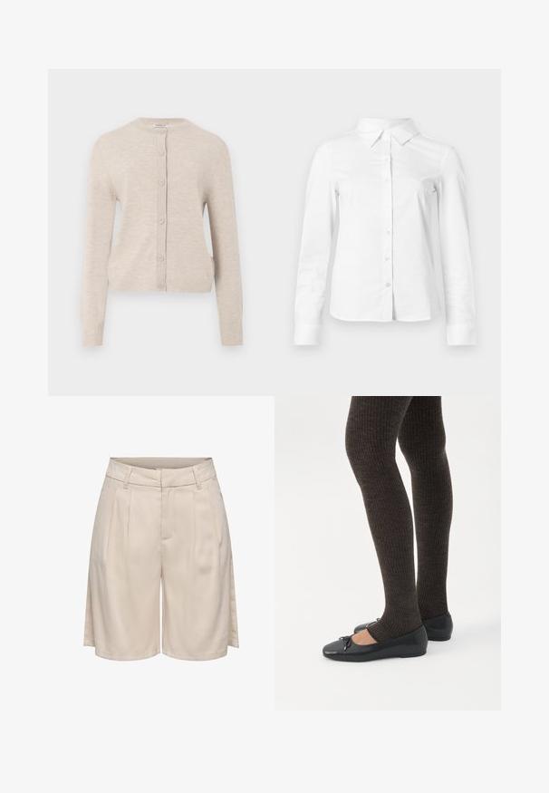 ONLY ONLCAMILLE BASIC CARDIGAN - Gilet - pumice stone; Chemise blanche à manches longues avec boutons, col pointu, ourlet droit et silhouette ajustée, présentée sur un fond clair uni.; Shorts beiges taille haute, confectionnés sur mesure, avec passants pour ceinture, plis sur le devant et fentes latérales, présentés sur fond blanc.; Jambes portant des leggings côtelés foncés associés à des ballerines noires avec de petits détails en nœud sur fond blanc.