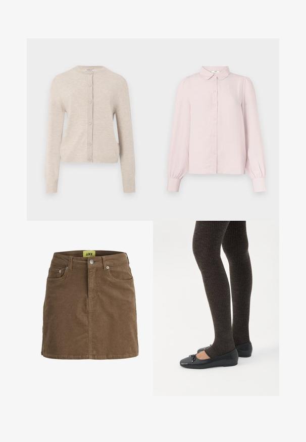 ONLY ONLCAMILLE BASIC CARDIGAN - Kardigán - pumice stone; Svetloružová dlhá blúzka s golierom, zapínaním na gombíky vpredu a nariasenými rukávmi, vyrobená z mäkkej látky s hladkým povrchom.; Hnedá menčestrová mini sukňa s prednými gombíkmi a zipsom, pútkami na opasok a prednými vreckami, so žltou štítkom JJXX vo vnútri pásu.; Nohy v tmavých pásikavých legínach v kombinácii s čiernymi balerínkami s malými mašličkami na bielom pozadí.