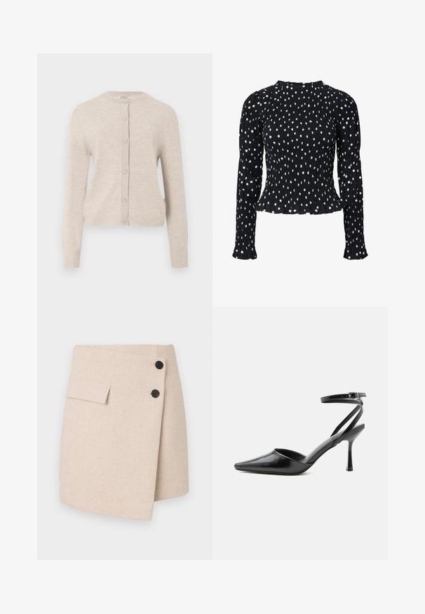 ONLY ONLCAMILLE BASIC CARDIGAN - Cardigan - pumice stone; Sort tekstureret bluse med hvide polkaprikker; har lange ærmer, en flæsekant og rynkede detaljer omkring krop og ærmer.; Beige indpakningsskørt i et tekstureret stof, med en sidelomme, to sorte knapper og en let buet kant.; Sort spids højhælet sko med tynde ankelremme og sølvspænde på en ensfarvet lys baggrund.