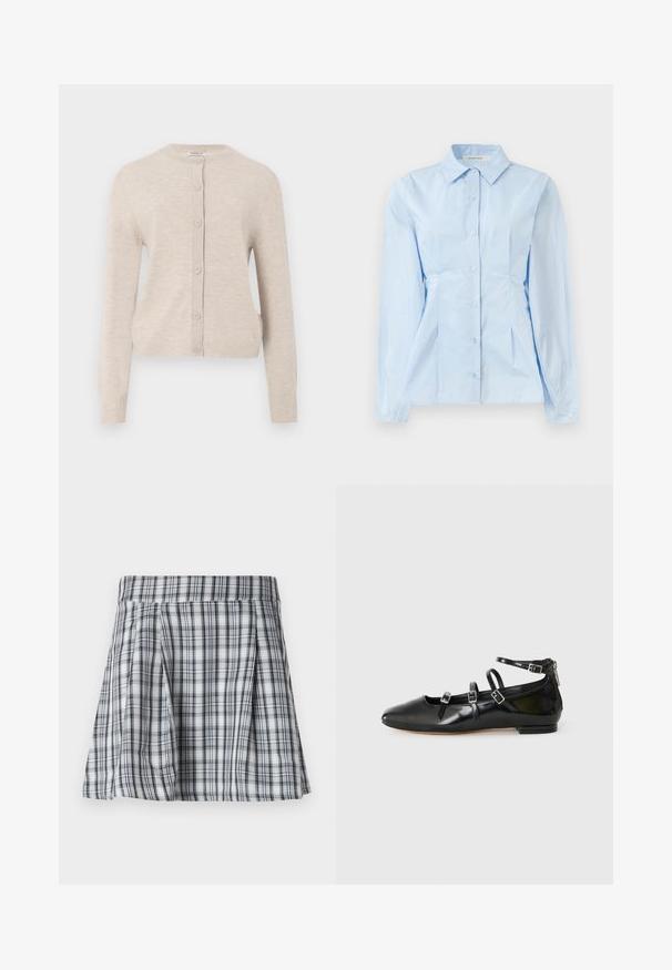 ONLY ONLCAMILLE BASIC CARDIGAN - Kardigán - pumice stone; Svetlomodrá dlhá košeľa s gombíkmi a špicatým golierom, s hladkou textúrou a švami, ktoré vytvárajú priliehavý strih. Päť gombíkov na prednej strane.; Sukňa v mini dĺžke v šedej a bielej farbe s kockovaným vzorom, ktorá má skladanú časť a pás. Vyrobená z ľahkej tkaniny, s vertikálnymi a horizontálnymi pruhmi.; ALDO NELTA - Balerínky - black