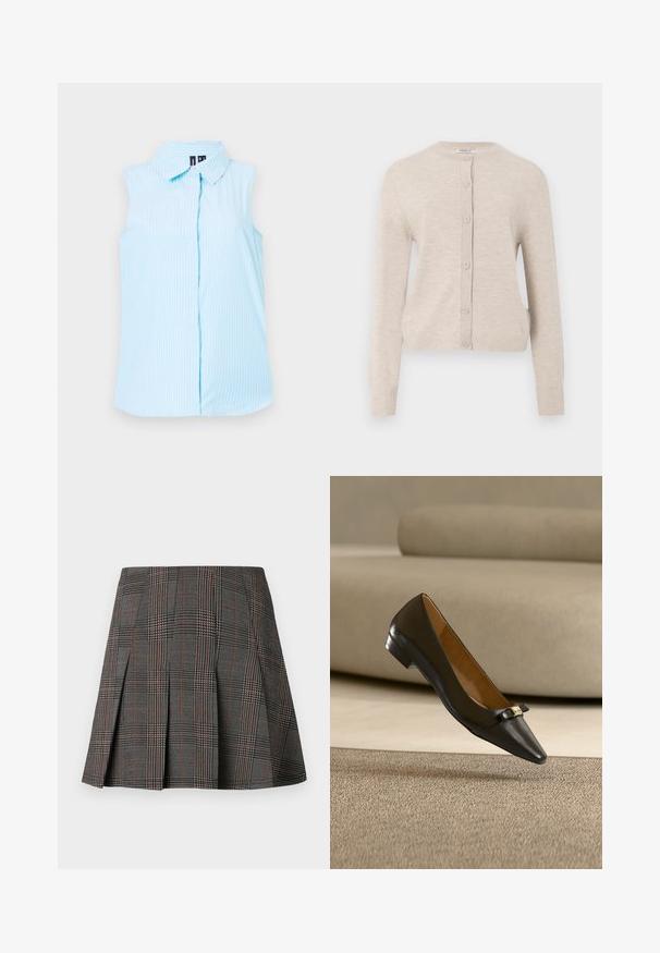 ONLY ONLCAMILLE BASIC CARDIGAN - Chaqueta de punto - pumice stone; Camisa sin mangas de color azul claro con cuello tipo polo, rayas verticales blancas y un solo botón en el frente.; Falda de cuadros gris con pliegues, con intrincados patrones en blanco y negro, acentuados por delgadas líneas rojas. Está hecha de una tela estructurada.; Zapato plano de cuero negro con puntera puntiaguda, pequeño lazo decorativo y detalle dorado, flotando sobre una alfombra beige con un sofá al fondo.