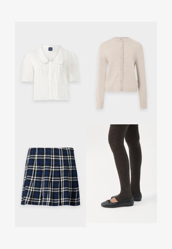 ONLY ONLCAMILLE BASIC CARDIGAN - Vest - pumice stone; Witte blouse met korte mouwen en kraag, voorzien van knoopsluiting, met subtiele verticale plooien en textuurelementen aan de zijkanten.; Geruite mini-jurk in marineblauw, zwart en wit. Beschikt over plooien en een gladde textuur. Ritsluiting aan de zijkant.; Benen met donkere geribbelde leggings gecombineerd met zwarte ballerina's met kleine strikdetails op een witte achtergrond.