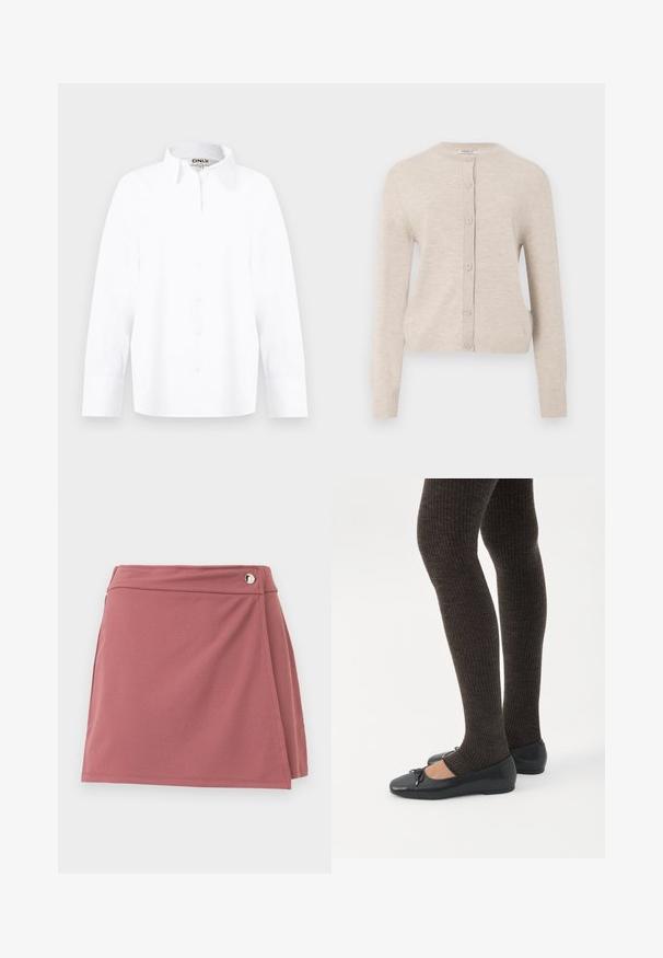 ONLY ONLCAMILLE BASIC CARDIGAN - Ζακέτα - pumice stone; Λευκό πουκάμισο με μακριά μανίκια, κουμπιά μπροστά, μύτες στον γιακά, στενά μανικέτια και ετικέτα της μάρκας «ONLY» στον γιακά, μέγεθος μεσαίο.; Μικρή φούστα τύπου wrap σε σκονιστό ροζ χρώμα με ένα μικρό ασημένιο κουμπί κοντά στη μέση, σε απλό ανοιχτό φόντο.; Πόδια με σκουρόχρωμα ριμπ κολάν συνδυασμένα με μαύρα μπαλαρίνα παπούτσια με μικρές λεπτομέρειες φιόγκων σε λευκό φόντο.
