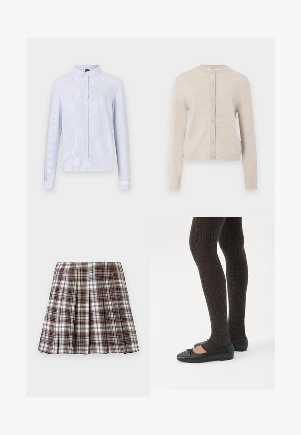 ONLY ONLCAMILLE BASIC CARDIGAN - Kardigan - pumice stone; Helesin sinine nööpidega särk, millel on vertikaalsed valged triibud, pikad varrukad, terav krae ja sile kangastekstuuri. Omab kõverat äärt.; Pruun ja valge ruuduline volditud seelik, millel on struktureeritud disain ja selge tekstuur, kõrge talje ja mitu vertikaalset voldi.; Jalad seljas tumedad soonelises soonelises kombines mustade baleriinadega, millel on väikesed paelade detailid valgel taustal.