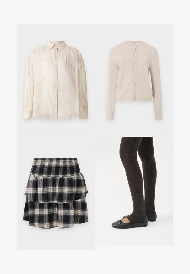ONLY ONLCAMILLE BASIC CARDIGAN - Chaqueta de punto - pumice stone; Blusa beige de manga larga con botones en la parte frontal, que presenta bordados florales blancos y detalles de hombros fruncidos. Textura de tela suave.; Falda de cuadros en blanco y negro con cintura fruncida. Presenta capas con volantes y una textura suave de algodón.; Piernas con leggings oscuros acanalados combinados con bailarinas negras que presentan pequeños detalles de lazo sobre un fondo blanco.
