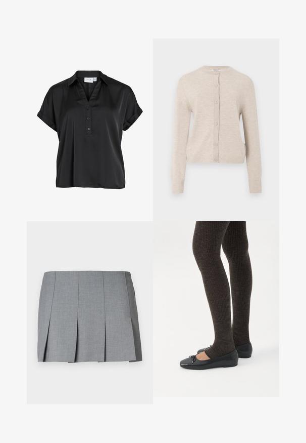 ONLY ONLCAMILLE BASIC CARDIGAN - Kardigan - pumice stone; Must lühikeste varrukatega pluus kokku pandud mansettidega, V-kaelusega ja kolme esinööbiga, valmistatud siledast veidi läikivast kangast.; Hallitatud hall seelik, millel on sile tekstuur, struktureeritud disain ja vormitud talje. Valmistatud kergest kangast, millel on peen muster.; Jalad seljas tumedad soonelises soonelises kombines mustade baleriinadega, millel on väikesed paelade detailid valgel taustal.