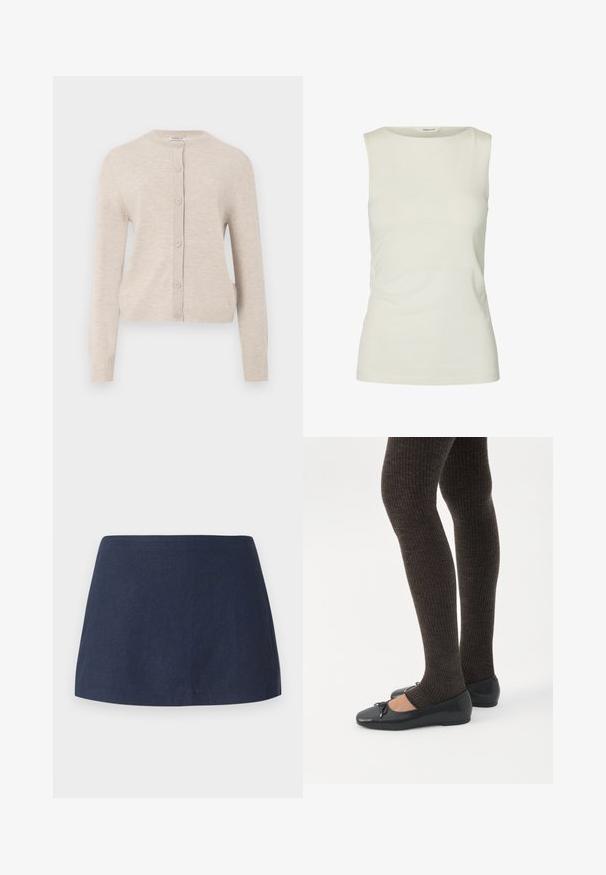 ONLY ONLCAMILLE BASIC CARDIGAN - Cardigan - pumice stone; Ærmeløs, ensfarvet hvid tanktop med rund halsudskæring, lavet af glat stof, vist på hvid baggrund.; Mørkeblå, kort A-line nederdel lavet af et tekstureret, letvægtsstof med en glat talje og uden mønstre eller dekorationer.; Ben iført mørke ribbede leggings kombineret med sorte balletsko med små sløjfedetaljer på hvid baggrund.