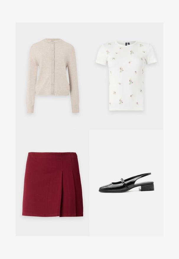 ONLY ONLCAMILLE BASIC CARDIGAN - Gilet - pumice stone; T-shirt en coton blanc à manches courtes, présentant une texture côtelée et une broderie florale dispersée en rose et vert sur l'ensemble.; Jupe mini plissée bordeaux avec une texture lisse, taille ajustée et fermeture à glissière sur le côté. Design simple et minimaliste sans motifs.; Chaussure slingback en cuir verni noir avec un petit talon bloc et une fine bride avec une boucle argentée sur le dessus.