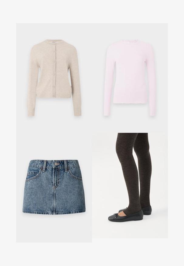 ONLY ONLCAMILLE BASIC CARDIGAN - Cardigan - pumice stone; Pink langærmet top i ribbet текстur, med en flæsekrave og et tætsiddende design med frynset kantdetalje.; Denim mini nederdel i middelblå vask, med en tætsiddende talje, forlommer og subtile syninger. Glat, struktureret stoffinish.; Ben iført mørke ribbede leggings kombineret med sorte balletsko med små sløjfedetaljer på hvid baggrund.