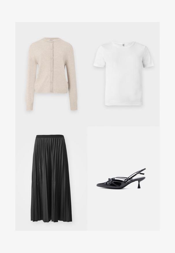 ONLY ONLCAMILLE BASIC CARDIGAN - Vest - pumice stone; Witte t-shirt met korte mouwen en een geribde textuur. Klassieke ronde hals, geen zichtbare logo's of patronen, en een eenvoudig, strak ontwerp.; Zwarte geplisseerde maxi rok met een gladde textuur en een elastische tailleband, met verticale plooien die volume en beweging creëren.; Zwarte slingback pump van lakleer met een spits toelopende neus, lage kittenhak en decoratieve knoopstrik aan de voorkant.