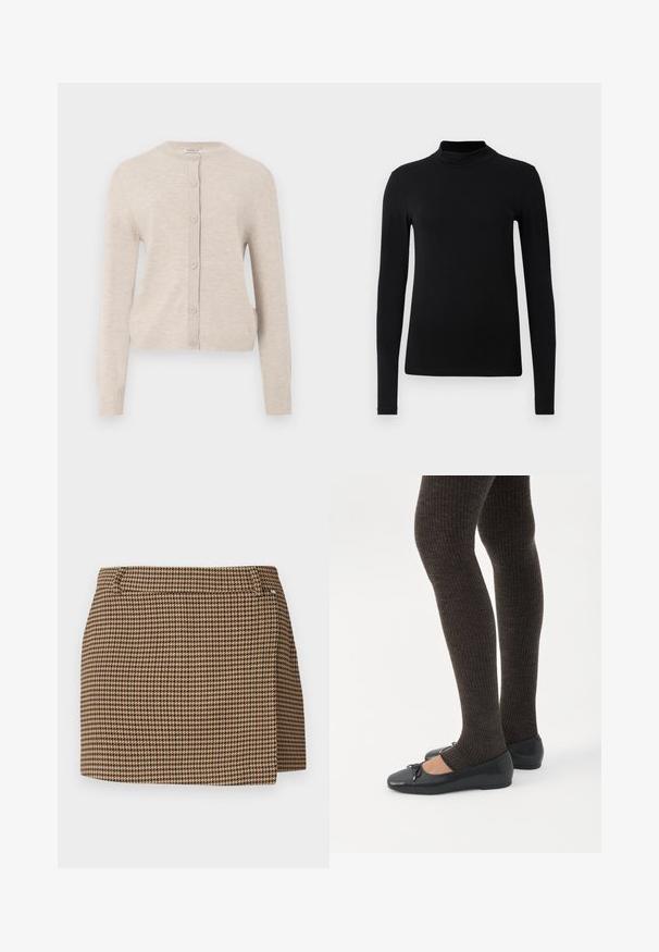 ONLY ONLCAMILLE BASIC CARDIGAN - Vest - pumice stone; Zwarte langemouwen turtleneck shirt gemaakt van gladde stof; aansluitend ontwerp met een hoge kraag en geen zichtbare naden. Eenvoudige, effen kleur.; Bruine en beige houndstooth-gevlekte mini-jurk met een lichte wikkel-detail en riemlussen op een witte achtergrond.; Benen met donkere geribbelde leggings gecombineerd met zwarte ballerina's met kleine strikdetails op een witte achtergrond.