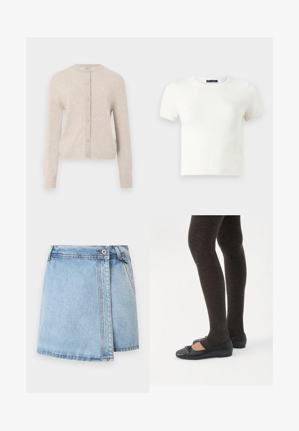 ONLY ONLCAMILLE BASIC CARDIGAN - Kardigan - pumice stone; Valge lühikeste varrukatega T-särk, mis on valmistatud pehmest materjalist. Omab klassikalist ümmargust kaelust ja kitsast siluetti, ilma nähtavate mustrite või aktsentideta.; Heledsinine teksaseelik otse lõikega, esise nööbiga sulgemine ja kontrastne õmblus servades. Taskud pole nähtavad.; Jalad seljas tumedad soonelises soonelises kombines mustade baleriinadega, millel on väikesed paelade detailid valgel taustal.