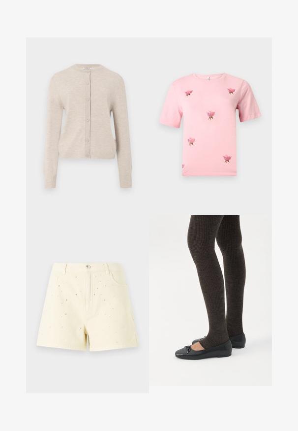 ONLY ONLCAMILLE BASIC CARDIGAN - Ζακέτα - pumice stone; Ροζ κοντομάνικη μπλούζα με μικρά κεντημένα ροζ τριαντάφυλλα διασκορπισμένα στο μπροστινό μέρος.; Κίτρινες τζιν σορτς με ψηλή μέση και χαλαρή εφαρμογή, οι οποίες διαθέτουν μικρές ασημένιες τρούκς διάσπαρτες μπροστά για λεπτομέρεια.; Πόδια με σκουρόχρωμα ριμπ κολάν συνδυασμένα με μαύρα μπαλαρίνα παπούτσια με μικρές λεπτομέρειες φιόγκων σε λευκό φόντο.