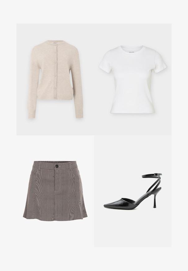 ONLY ONLCAMILLE BASIC CARDIGAN - Kardigán - pumice stone; Biele priliehavé tričko s krátkym rukávom a okrúhlym výstrihom, zobrazené položené s mierne viditeľnými bočnými švami.; Kockovaná sukňa v čiernej a bielej farbe, vyrobená z ľahkého materiálu, s pásom na gombík a skladaným dizajnom pre dodatočný detail.; Čierny lodička na vysokom opätku so špicatou špičkou, tenkými remienkami okolo členku a striebornou prackou na jednoduchom svetlom pozadí.