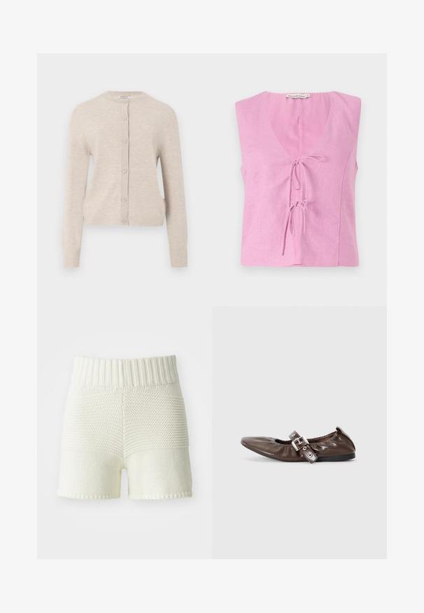 ONLY ONLCAMILLE BASIC CARDIGAN - Kardigan - pumice stone; Roosa linane ilma varrukateta topp V-kaelusega ja reguleeritava lipsuga kinnitusega. Omab lõdva istuvust ja sileda tekstuuri. Silt on nähtav kaeluses.; Kootud lühikesed püksid kreemjas valges tooni, ribastatud vöökoha ja tekstuurivahega ülemise ja alumise osa vahel, äärejämedused.; Pruun patenteeritud nahast lamedad kingad terava nina, elastse kaare detaili ja hõbedase kinnituse aktsendiga küljel. Must kummist tall.