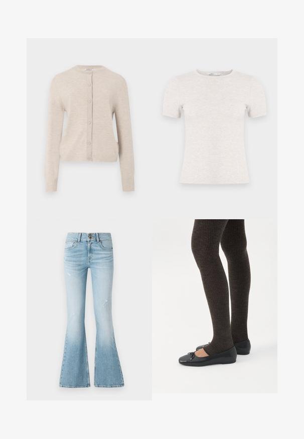 ONLY ONLCAMILLE BASIC CARDIGAN - Vest - pumice stone; Lichtgrijs T-shirt met korte mouwen, gemaakt van geribbelde stof met een ronde hals. Eenvoudig ontwerp, gladde textuur, geen zichtbare patronen of accenten.; Lichtblauwe denim flared jeans met een hoge taille, met subtiele slijtage, een sluiting met twee knopen en een klassiek vijf-pocket ontwerp.; Benen met donkere geribbelde leggings gecombineerd met zwarte ballerina's met kleine strikdetails op een witte achtergrond.