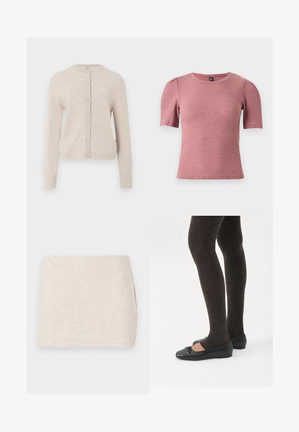 ONLY ONLCAMILLE BASIC CARDIGAN - Cardigan - pumice stone; Kortærmet, tekstureret top i støvet rosa ribstrikket stof. Rund halsudskæring med diskrete pufærmer. Figursyet pasform, strækbart materiale.; Beige linnedyr med et minimalistisk design, der har en glat tekstur og en subtil vævning. Det har en lige, simpel skæring uden synlige lukninger.; Ben iført mørke ribbede leggings kombineret med sorte balletsko med små sløjfedetaljer på hvid baggrund.