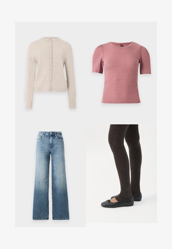 ONLY ONLCAMILLE BASIC CARDIGAN - Kardigán - pumice stone; Tričko s krátkym rukávom z textúrovaného žerzejového materiálu v farbe zaprášená ruža. Okrúhly výstrih s jemnými nafúknutými ramenami. Priliehavý strih, pružný materiál.; Rovno strihané džíny s širokými nohavicami v svetlomodrom odtieni, s vysokým pásom, dizajnom piatich vreciek a jemným vyblednutím látky. Klasické metalické gombíkové zapínanie.; Nohy v tmavých pásikavých legínach v kombinácii s čiernymi balerínkami s malými mašličkami na bielom pozadí.