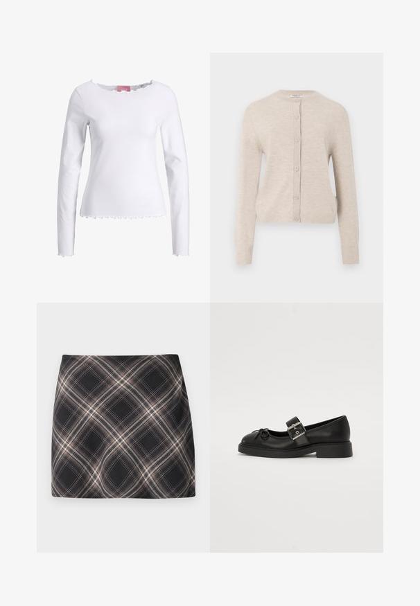 ONLY ONLCAMILLE BASIC CARDIGAN - Kardigán - pumice stone; Biela blúzka s dlhým rukávom vyrobená z bavlny. Má okrúhly výstrih s volánovým okrajom a volánovým lemom. Jednoduchý, priliehavý strih.; Čierna a béžová károvaná minisukňa s diagonálnym štvorcovaným vzorom, priliehavým pásom a hladkou textúrou látky.; Čierne kožené topánky Mary Jane s okrúhlou špičkou, členkovým remienkom a strieborným prackom. Majú plochú, širokú podrážku a dekoráciu v podobe mašle.