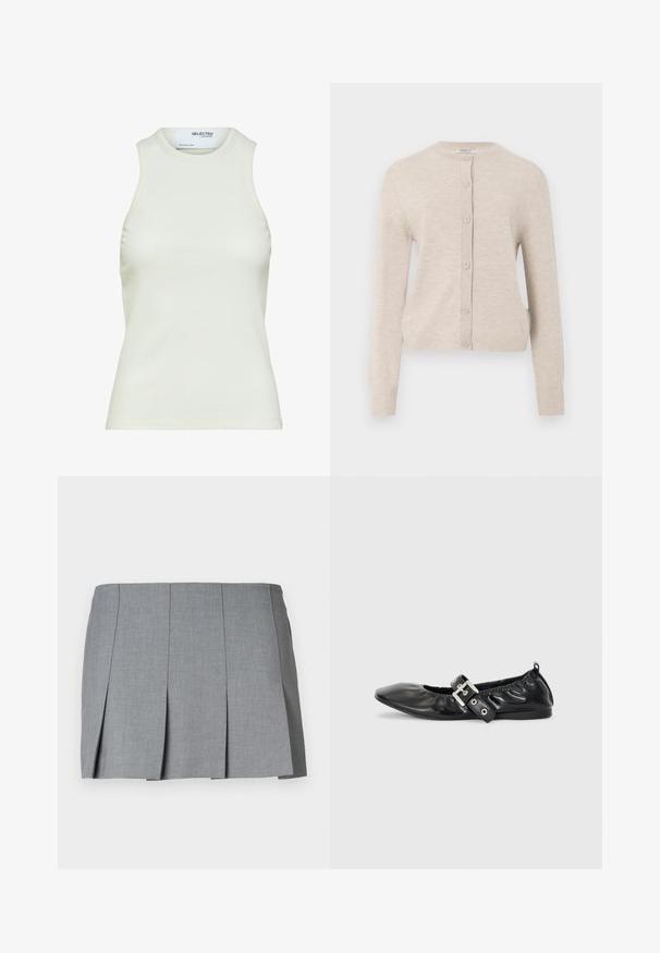 ONLY ONLCAMILLE BASIC CARDIGAN - Vest - pumice stone; Mouwloos wit geribd tanktop met ronde halslijn van Selected Femme, frontaanzicht zonder patronen of versieringen.; Grijze geplooide rok met een gladde textuur, gestructureerd ontwerp en een aansluitende taille. Gemaakt van een lichtgewicht stof met een subtiel patroon.; Zwarte leren platte schoen met een spitse neus, geplooide details rond de opening en een zilveren gespaccentueerde verstelbare band.