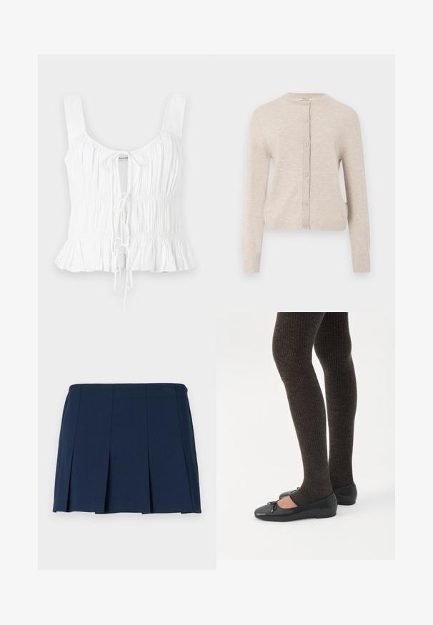 ONLY ONLCAMILLE BASIC CARDIGAN - Gilet - pumice stone; Haut sans manches blanc avec texture froncée, lien avant ajustable et ourlet évasé ; fabriqué en tissu léger.; Jupe mini plissée bleu marine avec une taille droite, fabriquée à partir d'un tissu lisse. Présente des coutures verticales le long des plis.; Jambes portant des leggings côtelés foncés associés à des ballerines noires avec de petits détails en nœud sur fond blanc.