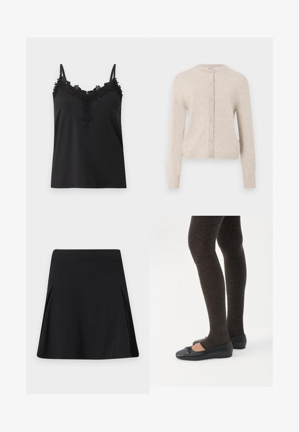 ONLY ONLCAMILLE BASIC CARDIGAN - Gilet - pumice stone; Haut noir sans manches avec fines bretelles et bordure en dentelle florale le long de l'encolure et au centre devant.; Jupe noire trapèze avec de légers plis sur les côtés, ceinture plate et texture de tissu lisse.; Jambes portant des leggings côtelés foncés associés à des ballerines noires avec de petits détails en nœud sur fond blanc.