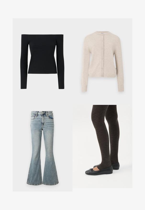ONLY ONLCAMILLE BASIC CARDIGAN - Kardigán - pumice stone; Čierny top bez ramienok s dlhým rukávom vyrobený z ryhovaného materiálu, so priliehavou siluetou a minimalisticým dizajnom.; Svetlomodré rifle s vysokým pásom, rozšírenými nohavicami, predným zapínaním na gombíky, zipsom a dizajnom s piatimi vreckami na bielom pozadí.; Nohy v tmavých pásikavých legínach v kombinácii s čiernymi balerínkami s malými mašličkami na bielom pozadí.