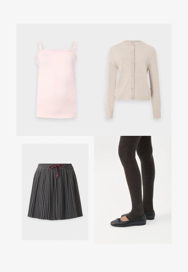 ONLY ONLCAMILLE BASIC CARDIGAN - Gilet - pumice stone; Camisole sans manches rose clair avec des bords froncés le long de l'encolure et des bretelles, présentée sur un fond clair uni.; Jupe plissée gris foncé avec une taille élastique et un cordon bordeaux noué au centre devant.; Jambes portant des leggings côtelés foncés associés à des ballerines noires avec de petits détails en nœud sur fond blanc.