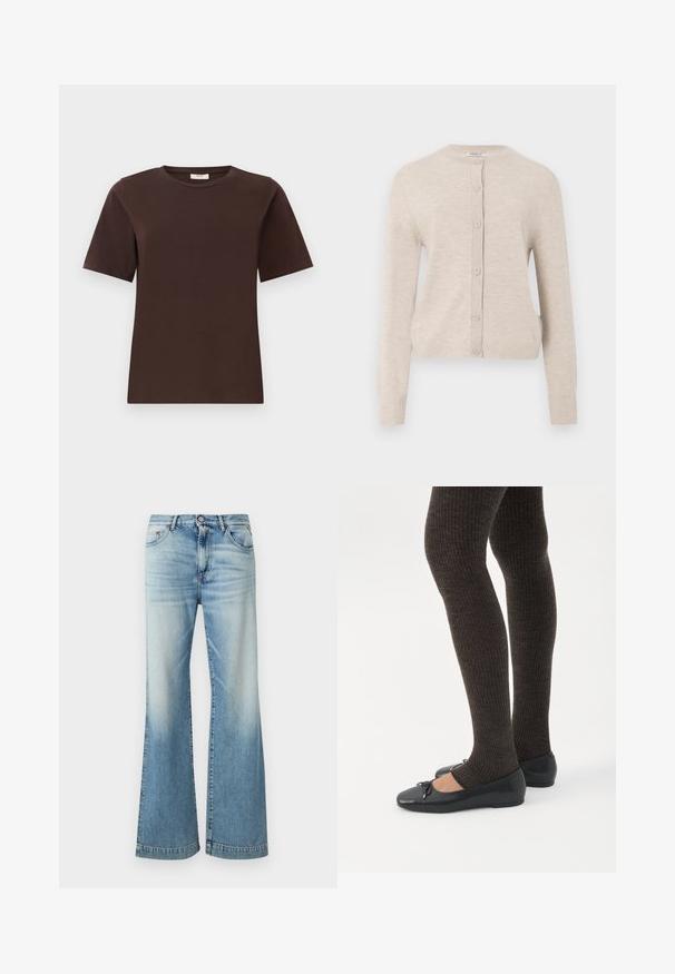 ONLY ONLCAMILLE BASIC CARDIGAN - Vest - pumice stone; Bruine katoenen t-shirt met een klassieke ronde hals, korte mouwen en een rechte boord. Zachte textuur, geen patronen of versieringen.; Lichtblauwe flare jeans van denim, met een licht verweerde afwerking, ontwerp met vijf zakken en een traditionele knoopsluiting.; Benen met donkere geribbelde leggings gecombineerd met zwarte ballerina's met kleine strikdetails op een witte achtergrond.