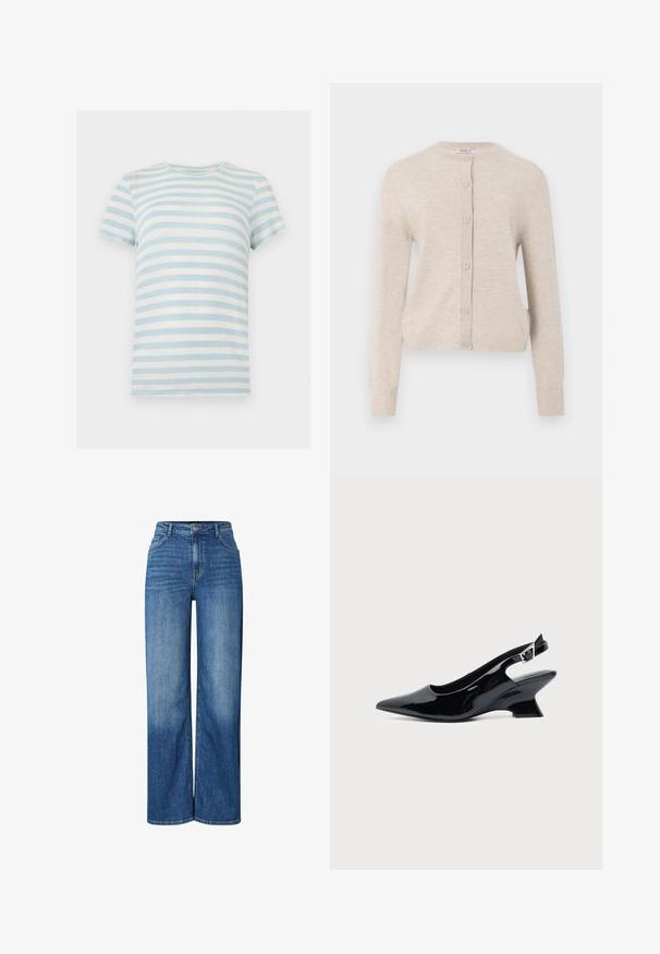 ONLY ONLCAMILLE BASIC CARDIGAN - Ζακέτα - pumice stone; Κοντομάνικη ριμπ μπλούζα με οριζόντιες ανοιχτογάλαζες και λευκές ρίγες και στρογγυλή λαιμόκοψη σε λευκό φόντο.; Πλατύ πόδι μπλε τζιν παντελόνι με ψηλή μέση, που διαθέτει ξεθωριασμένα σημεία, παραδοσιακό σχέδιο πέντε τσεπών και κουμπί κλεισίματος μπροστά.; Μαύρο παπούτσι slingback από πατενταρισμένο δέρμα με μυτερή μύτη και χαμηλό κεκλιμένο τακούνι τύπου block σε απλό φωτεινό φόντο.