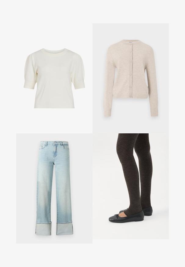 ONLY ONLCAMILLE BASIC CARDIGAN - Cardigan - pumice stone; Hvid, kortærmet strikket top med rund halsudskæring og pufærmer. Glat tekstur og tætsiddende silhuet, velegnet til hverdag.; Lyseblå denimjeans med vide ben og store manchetter ved kanterne, med frontlynlås, knaplukning og forlommer.; Ben iført mørke ribbede leggings kombineret med sorte balletsko med små sløjfedetaljer på hvid baggrund.