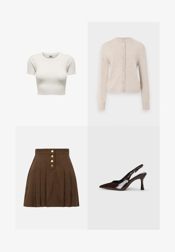 ONLY ONLCAMILLE BASIC CARDIGAN - Kardigán - pumice stone; Krémovo-farebné krátke rebrované crop tričko s krátkym rukávom a okrúhlym výstrihom s vnútornou značkou JDY na golieri, zobrazené na bielom pozadí.; Hnedá plisovaná manšestrová sukňa s vysokým pásom a štyrmi zlatými gombíkmi vpredu v strede.; Hnedé patentné kožené sandále na opätku s špicatou špičkou, tenkým opätkom a nastaviteľným popruhom so malou prackou.
