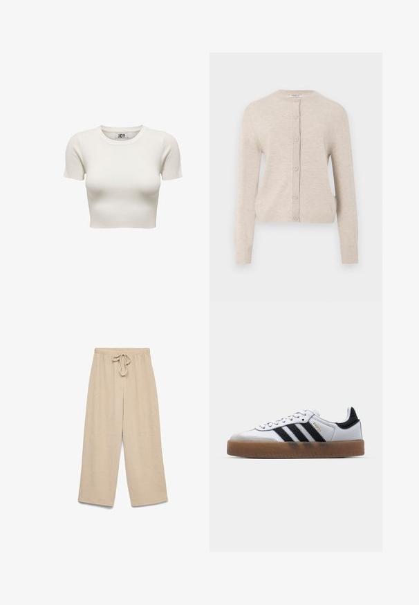ONLY ONLCAMILLE BASIC CARDIGAN - Gilet - pumice stone; Crop top court crème à manches courtes en tissu côtelé avec col rond et étiquette de marque JDY à l'intérieur du col, présenté sur fond blanc.; Pantalon beige à jambes larges avec ceinture élastique et détail noué à l'avant, fabriqué en tissu texturé.; Baskets en cuir blanc avec des rayures noires, semelle extérieure en caoutchouc beige, bout rond, fermeture lacée et embout en suède gris doux.