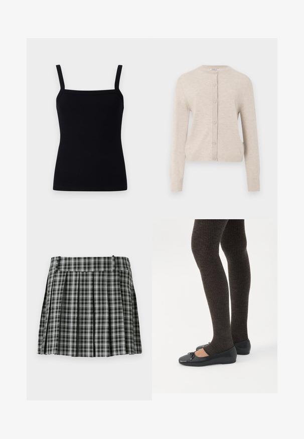ONLY ONLCAMILLE BASIC CARDIGAN - Cardigan - pumice stone; Sort ribbet tanktop med justerbare stropper, firkantet udskæring og et tætsiddende design, der krammer kroppen, lavet af et strækbart stof.; Sort-hvidt ternet plisseret nederdel med en glat talje og flere lodrette folder. Fremstillet af let stof.; Ben iført mørke ribbede leggings kombineret med sorte balletsko med små sløjfedetaljer på hvid baggrund.