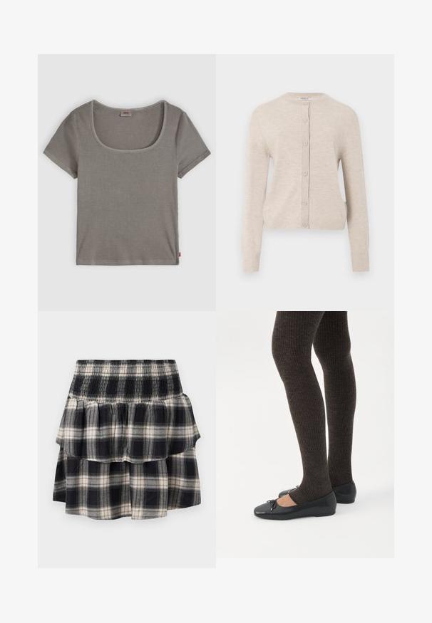 ONLY ONLCAMILLE BASIC CARDIGAN - Gilet - pumice stone; T-shirt gris à côtes avec des manches courtes et un large col en scoop. Présente un ourlet droit et une petite étiquette de logo sur le côté.; Jupe à volants à carreaux noir et blanc avec taille smockée. Avec des couches froncées et une texture douce en coton.; Jambes portant des leggings côtelés foncés associés à des ballerines noires avec de petits détails en nœud sur fond blanc.