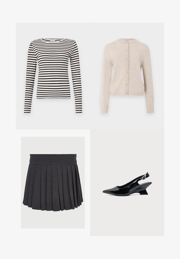 ONLY ONLCAMILLE BASIC CARDIGAN - Vest - pumice stone; Zwart-wit gestreepte lange mouwen shirt met een ronde hals en een aansluitende ribbelstructuur. Evenwichtige streepbreedte in het hele shirt.; Grijze geplooide rok met een platte tailleband en ritssluiting, gemaakt van een gestructureerde stof, met gelijkmatig verdeelde diepe plooien.; Zwarte lakleren slingback schoen met spitse neus en lage schuine blokhak op een effen lichte achtergrond.