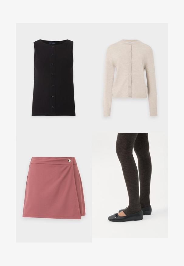 ONLY ONLCAMILLE BASIC CARDIGAN - Ζακέτα - pumice stone; Μαύρο αμάνικο ριμπ μπλουζάκι με κουμπιά στο μπροστινό μέρος και στρογγυλή λαιμόκοψη, εμφανίζεται σε απλό φωτεινό φόντο.; Μικρή φούστα τύπου wrap σε σκονιστό ροζ χρώμα με ένα μικρό ασημένιο κουμπί κοντά στη μέση, σε απλό ανοιχτό φόντο.; Πόδια με σκουρόχρωμα ριμπ κολάν συνδυασμένα με μαύρα μπαλαρίνα παπούτσια με μικρές λεπτομέρειες φιόγκων σε λευκό φόντο.
