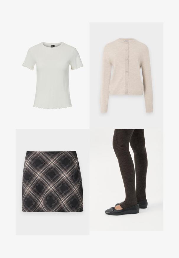 ONLY ONLCAMILLE BASIC CARDIGAN - Kardigán - pumice stone; Biely krátky rukáv top s rebrovanou textúrou, okrúhlym výstrihom a detailmi s volánikmi na spodnom okraji, navrhnutý pre priliehavý strih.; Čierna a béžová károvaná minisukňa s diagonálnym štvorcovaným vzorom, priliehavým pásom a hladkou textúrou látky.; Nohy v tmavých pásikavých legínach v kombinácii s čiernymi balerínkami s malými mašličkami na bielom pozadí.