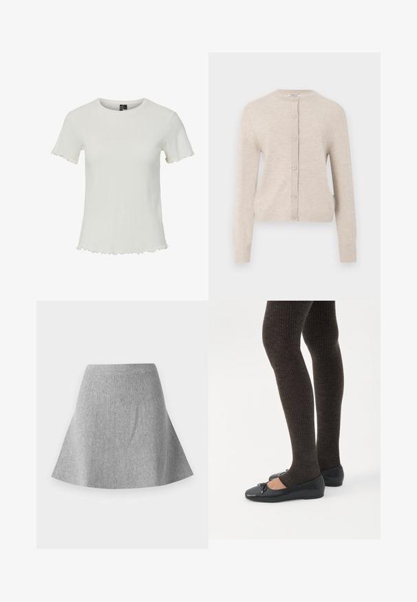 ONLY ONLCAMILLE BASIC CARDIGAN - Cardigan - pumice stone; Hvid kortærmet top med ribbet struktur, rund halsudskæring og bølgede kantdetaljer, designet til en tætsiddende silhuet.; Grå, strikket sømdnederdel med en tekstureret finish. Har en taljeing og en glat silhuet, der smalner ind mod kanten.; Ben iført mørke ribbede leggings kombineret med sorte balletsko med små sløjfedetaljer på hvid baggrund.
