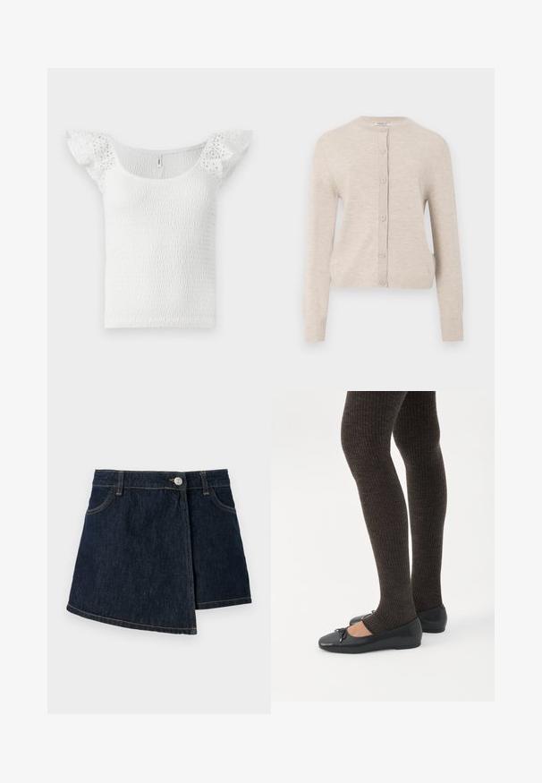 ONLY ONLCAMILLE BASIC CARDIGAN - Gilet - pumice stone; Haut blanc avec un design smocké, un large col et des manches courtes en dentelle avec volants, présentant une surface texturée dans l'ensemble.; Jupe en denim avec une teinte foncée, de forme A, fermeture à boutons sur le devant et détails de couture subtils. Elle présente un design enroulé sur le côté.; Jambes portant des leggings côtelés foncés associés à des ballerines noires avec de petits détails en nœud sur fond blanc.