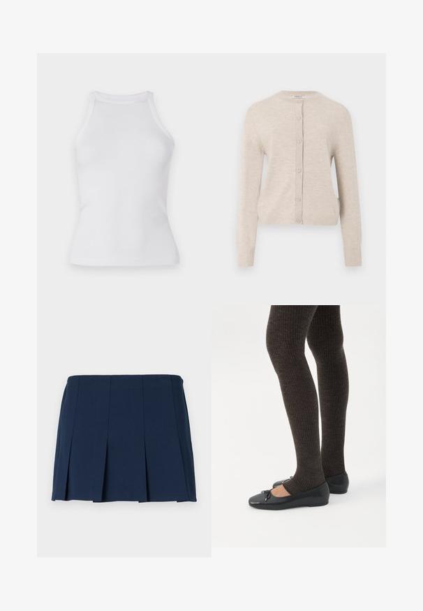ONLY ONLCAMILLE BASIC CARDIGAN - Cardigan - pumice stone; Hvid ribbet top med en tætsiddende design, rund halsudskæring og uden ærmer. Fremstillet af strækbart stof for komfort og bevægelsesfrihed.; Mørkeblå, plisseret mini nederdel med en lige talje, lavet af et glat stof. Har lodrette syninger langs plisseringerne.; Ben iført mørke ribbede leggings kombineret med sorte balletsko med små sløjfedetaljer på hvid baggrund.