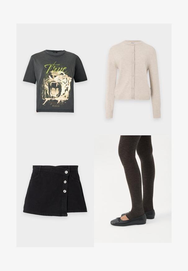 ONLY ONLCAMILLE BASIC CARDIGAN - Vest - pumice stone; JDY JDYFAROCK ELINA - T-shirt print - black; Zwarte denim rok met een hoge taille, met een wikkeldesign, vijf zilveren knopen aan één zijde en twee zijzakken. Soepele textuur.; Benen met donkere geribbelde leggings gecombineerd met zwarte ballerina's met kleine strikdetails op een witte achtergrond.