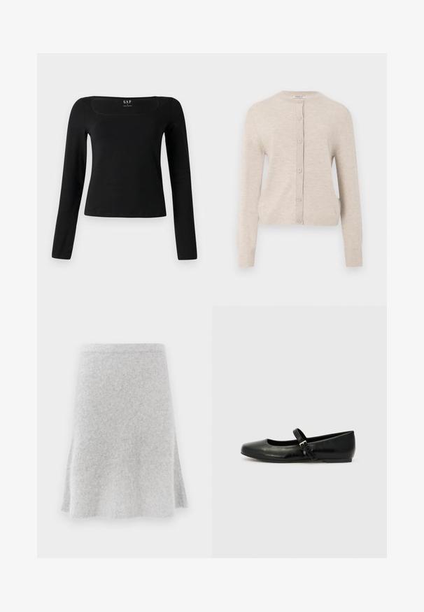 ONLY ONLCAMILLE BASIC CARDIGAN - Chaqueta de punto - pumice stone; Top de manga larga negro con escote cuadrado, hecho de un tejido suave, con un diseño ajustado y un dobladillo recto. Etiqueta visible en el interior del escote.; Falda de punto gris con un diseño acampanado, textura suave y una cinturilla cómoda. La tela parece cálida y adecuada para ropa casual.; Bailarinas de cuero negro con punta redondeada, suela plana y una delgada correa ajustable en el empeine que cuenta con una hebilla de metal.
