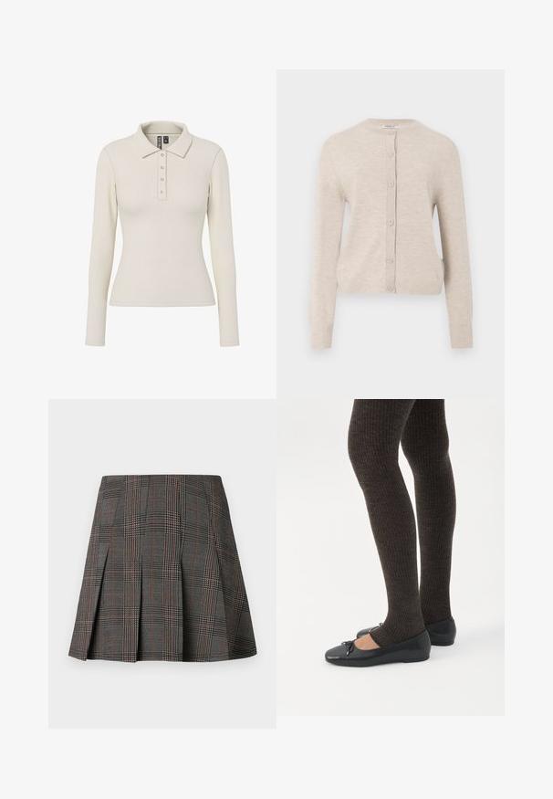 ONLY ONLCAMILLE BASIC CARDIGAN - Gilet - pumice stone; Polo à manches longues en tissu côtelé blanc cassé avec un col et cinq boutons métalliques sur le devant. Design ajusté.; Jupe à carreaux gris avec des plis, ornée de motifs complexes en noir et blanc, accentuée par de fines lignes rouges. Fabriquée dans un tissu structuré.; Jambes portant des leggings côtelés foncés associés à des ballerines noires avec de petits détails en nœud sur fond blanc.