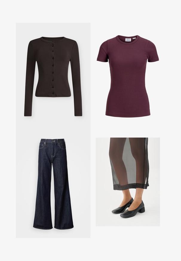 Cardigan noir ajusté à manches longues avec encolure ronde et rangée avant de huit petits boutons noirs.; T-shirt côtelé ajusté à manches courtes couleur prune foncée avec col rond et étiquette avant indiquant la marque JJXX et la taille 5.; Jean à jambes larges en denim foncé, présentant une taille haute, cinq poches, des coutures blanches contrastantes et une texture lisse.; Chaussures noires à talons blocs avec une finition en cuir lisse, portées avec une jupe noire transparente à ourlet net et design minimaliste.