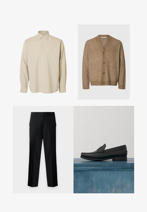 Beige cardigan, joka on valmistettu pehmeästä villasta ja jossa on V-aukko, pitkät hihat, viisi ruskeaa nappia edessä sekä ribbaustekniikalla tehdyt hihat ja helma.; Beige pitkähiha-painikkeellinen paita, jossa on terävä kaulus ja napilliset kalvosimet, esitetty yksinkertaisen valkoisen taustan edessä.; Mustat räätälöidyt housut suoran leikkauksen kanssa, joissa on nappisulku, vetoketjulahje ja vyölenkit. Sileä kangas ja sivutaskut.; Musta nahkaluokka, jossa on pyöristetty kärki, tarkat ompeleet ja matala, neliön muotoinen korko. Sujuva pinta ja minimalistinen muotoilu.