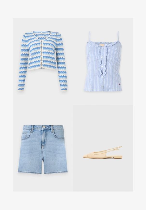 Cardigan tricoté à rayures bleues et blanches avec manches longues, motif festonné, boutons sur le devant et coupe légèrement raccourcie.; Blouse sans manches bleu clair avec des rayures verticales blanches, fermeture à boutons volantés sur le devant, et bretelles fines.; Short en jean bleu clair avec bouton à l'avant, fermeture éclair, passants de ceinture et design cinq poches sur un fond uni.; Chaussure plate slingback en beige clair avec une tige en maille, un bout pointu et un petit talon. Dotée d'une sangle ajustable pour un bon maintien.