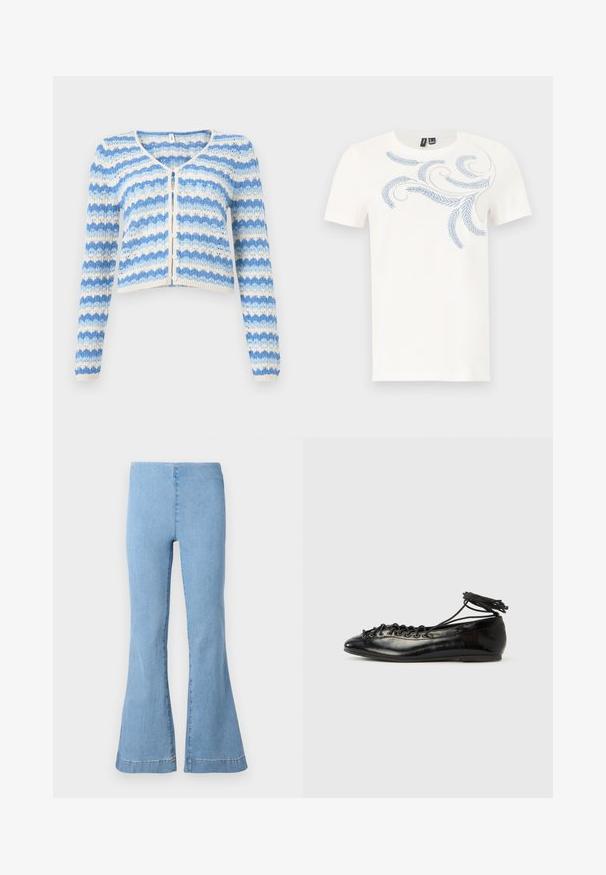 Cardigan tricoté à rayures bleues et blanches avec manches longues, motif festonné, boutons sur le devant et coupe légèrement raccourcie.; T-shirt blanc à manches courtes avec col rond et motif brodé feuille et spirale bleu clair sur le haut de la poitrine et l'épaule.; Pantalon flare en denim bleu clair avec taille haute, sans poches ni fermetures visibles, sur fond blanc.; Ballerines en cuir verni noir avec un bout rond, un design à lacets et une semelle plate. Texture lisse avec peu de détails.
