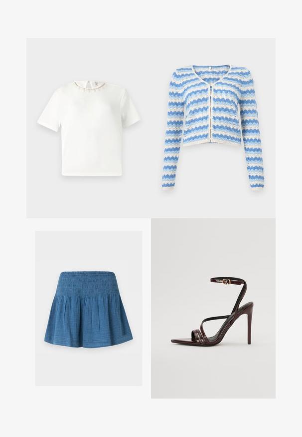 Cardigan tricoté à rayures bleues et blanches avec manches longues, motif festonné, boutons sur le devant et coupe légèrement raccourcie.; Chemise blanche à manches courtes avec encolure ronde, bordure délicate en crochet beige et petits pompons, fermeture par boutons dans le dos.; Jupe bleue mi-longue avec taille froncée et tissu froncé pour une silhouette évasée, présentée sur fond blanc uni.; Sandale à talons hauts en cuir verni bourgogne avec une bride de cheville, bout pointu et trois bandes horizontales sur le pied. Détail de boucle dorée.